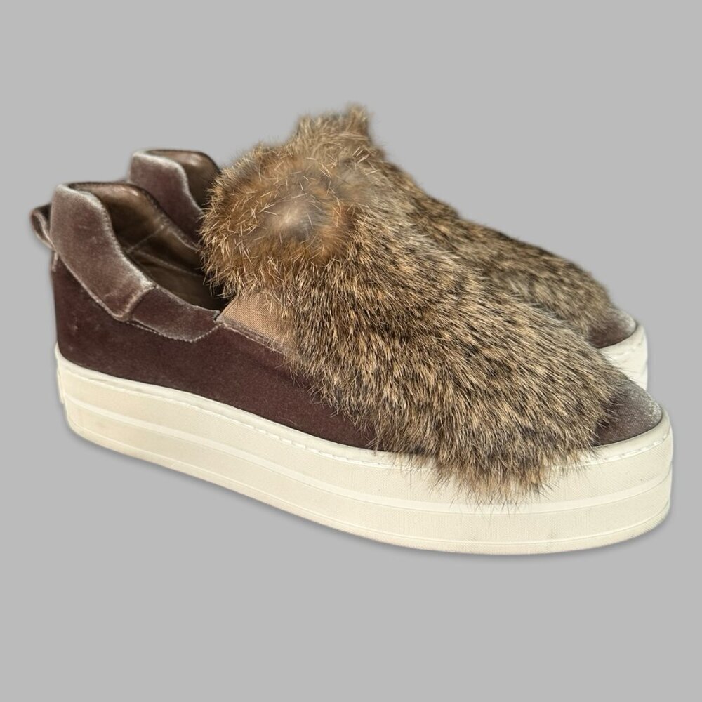 Gabriella Michel Taupe Velvet & Rabbit Fur Slip on Sneakers 8.5 / 39